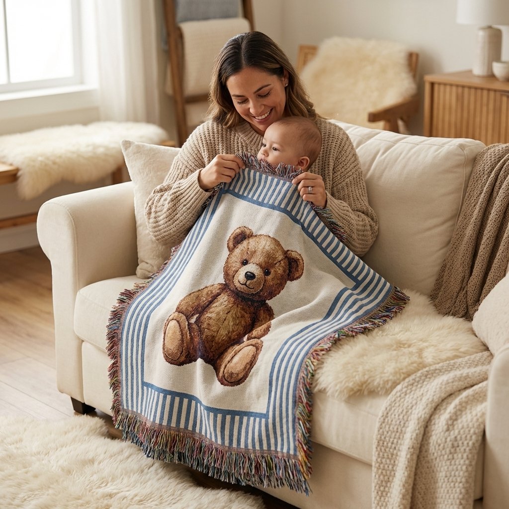 Personalized Teddy Bear Woven Baby Blanket | 100% Cotton