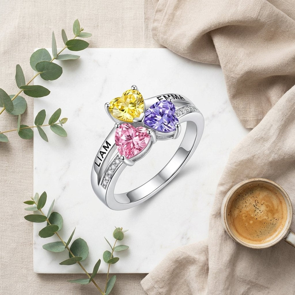 Personalized Mother Daughter Triple Heart Birthstone Ring