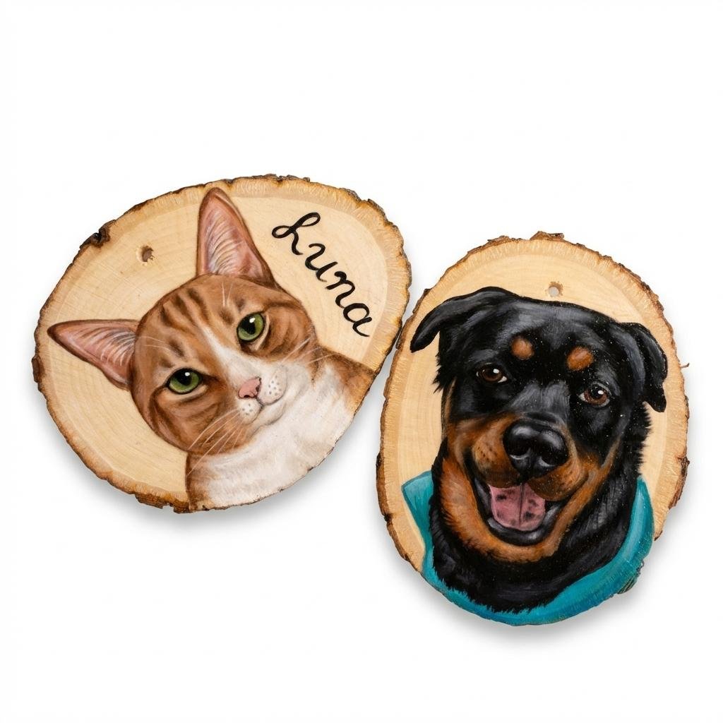 Hand-Painted Custom Pet Portrait Wood Slice Ornament