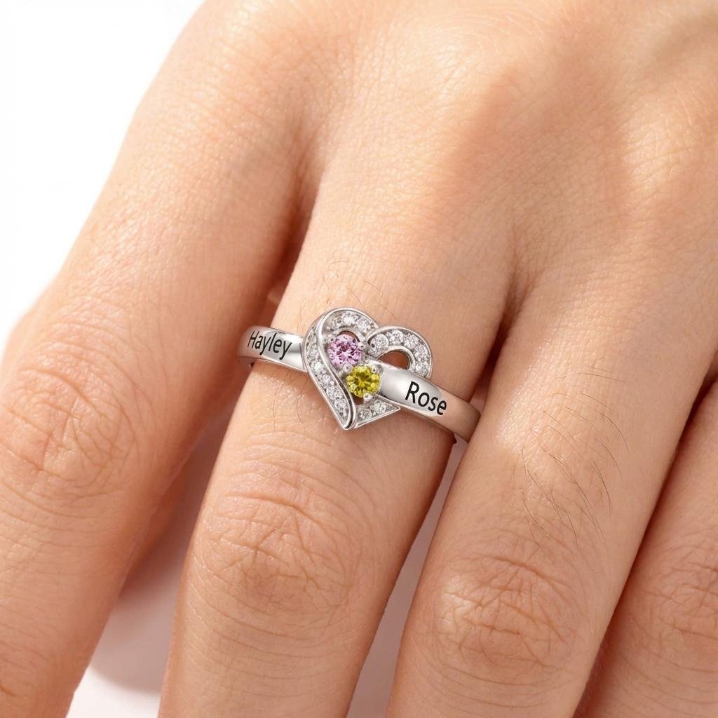 Personalized Mother's Birthstone Ring - Sterling Silver Heart