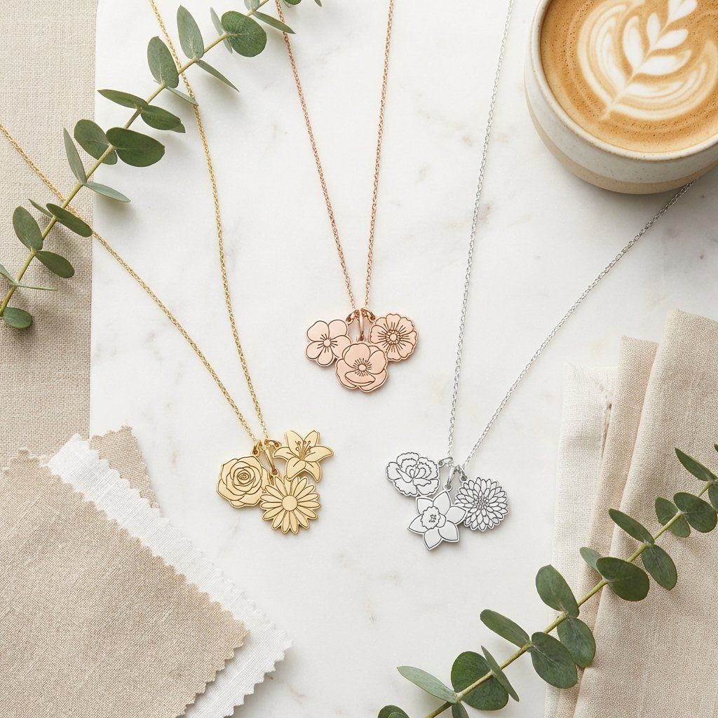Personalized 14K Gold Birth Flower Bouquet Necklace