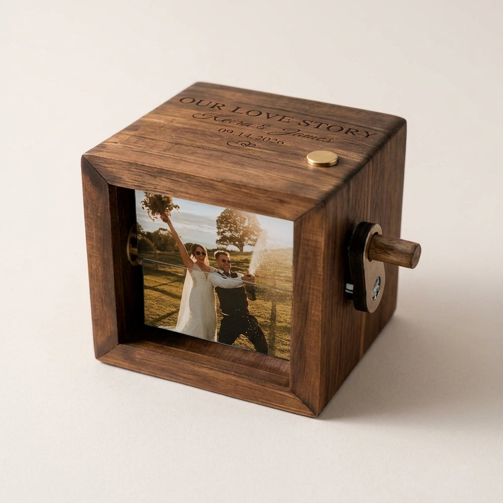Personalized Photo Flipbook Animation Box, Custom Wedding Wooden Photo Flip Box with Light Keepsake, Romantic Anniversary Gift for Couples specs