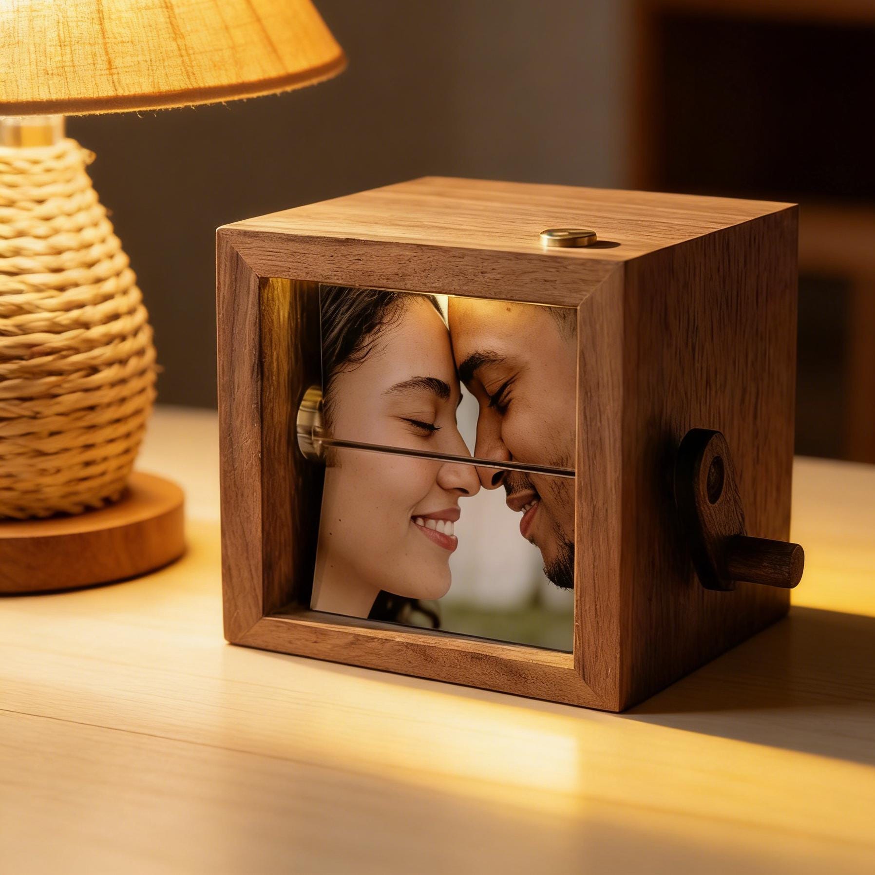 Custom Hand-Crank Wooden Flip Photo Box - Your Memories in Motion