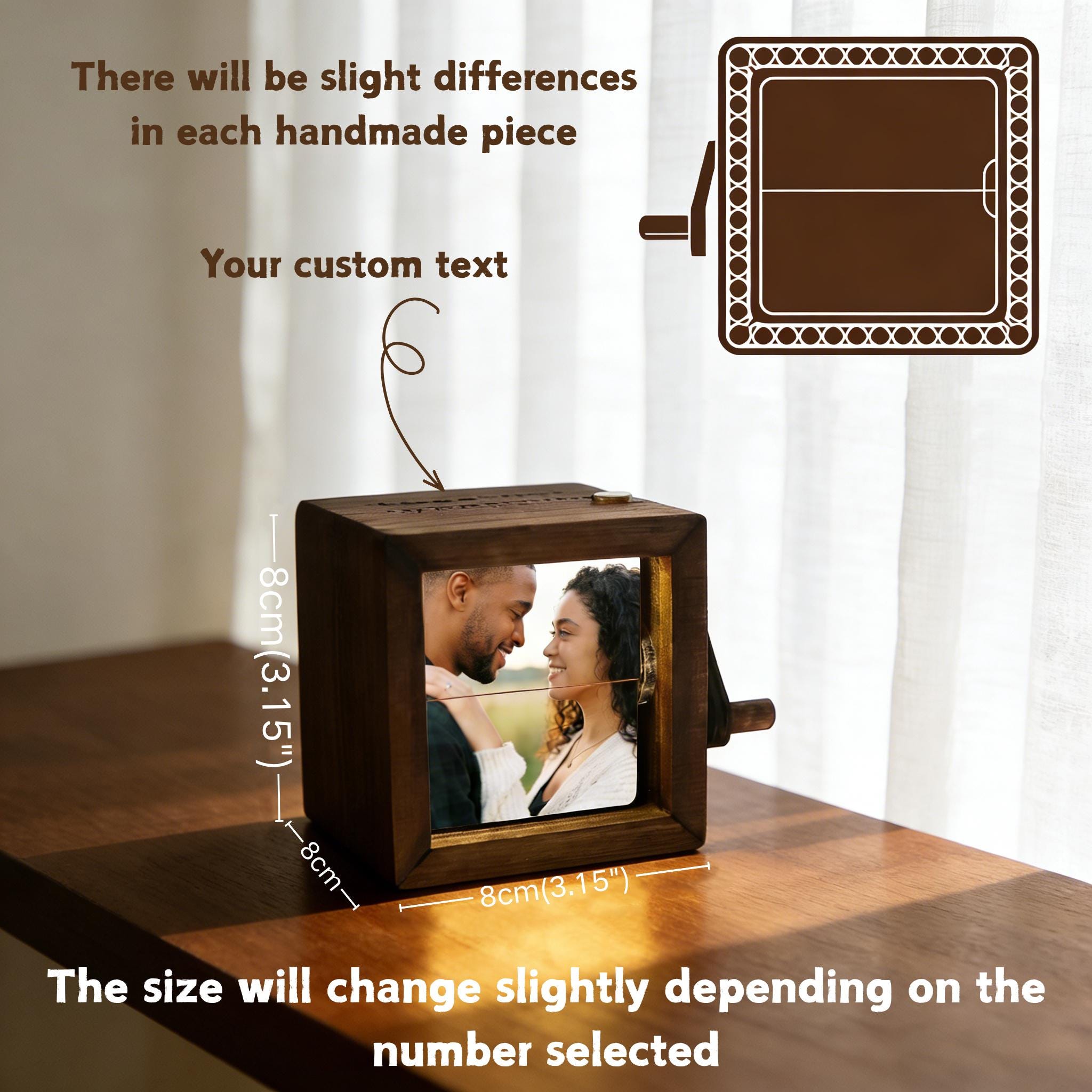 Custom Hand-Crank Wooden Flip Photo Box - Your Memories in Motion