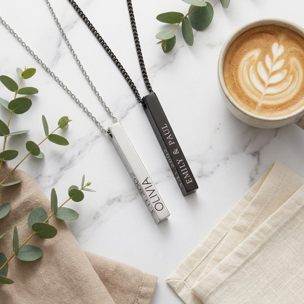 Personalized Matching 3D Bar Necklace Set for Couples