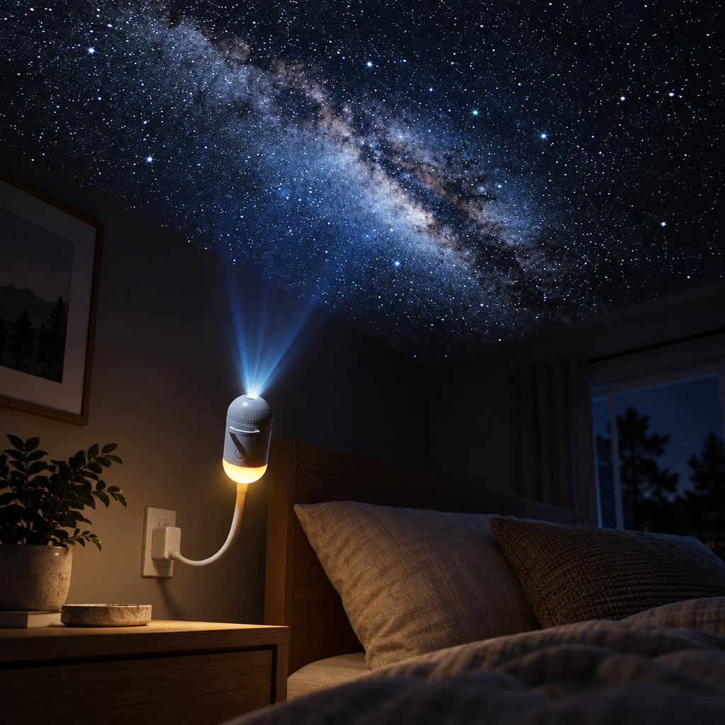 Star projector on a bedside table filling a dark bedroom ceiling with a Milky Way projection