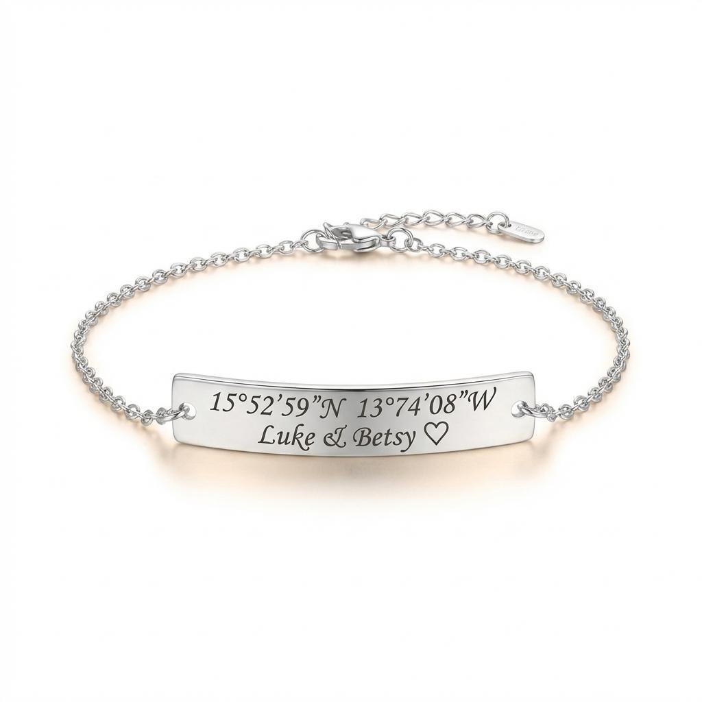 Personalized Coordinate Bracelet | Engraved Silver Bar