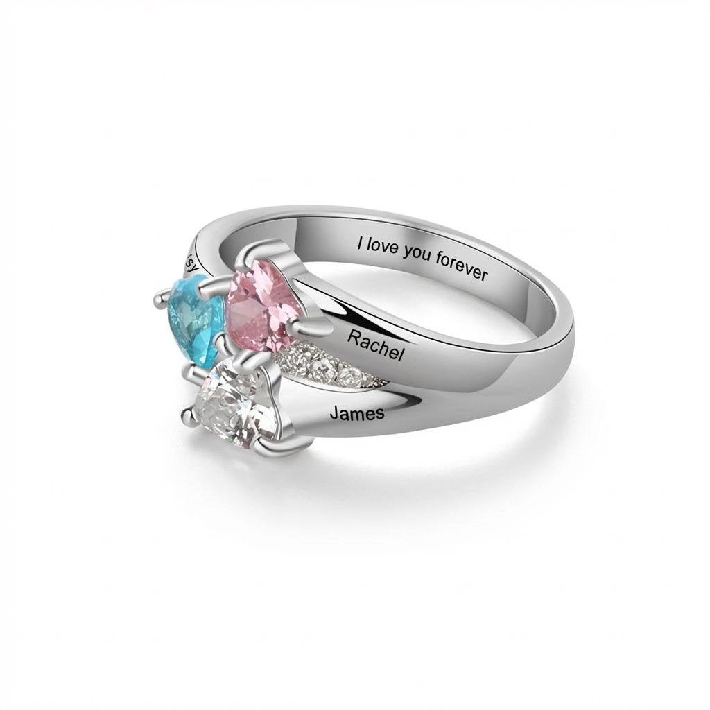 Personalized Mother Daughter Triple Heart Birthstone Ring