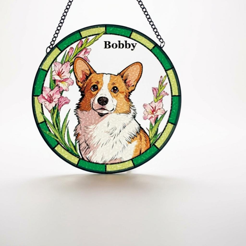 Custom Pet Portrait Stained Glass Suncatcher Birth Flower