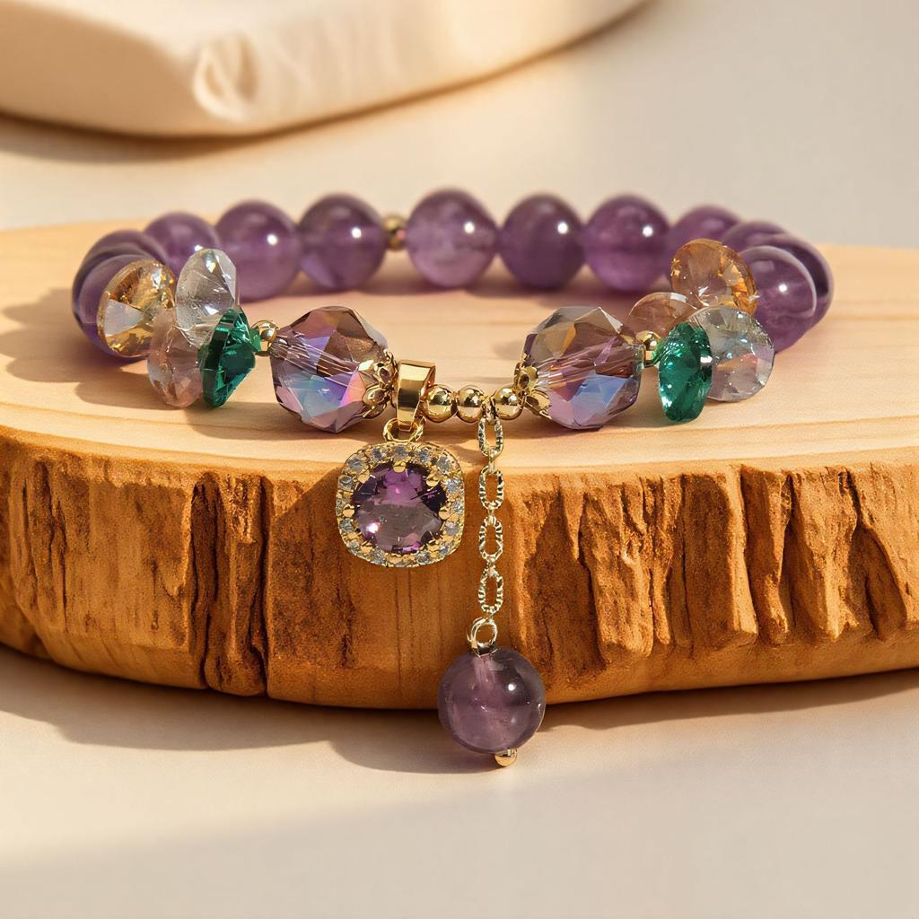Custom amethyst and crystal bead bracelet displayed on a wooden surface
