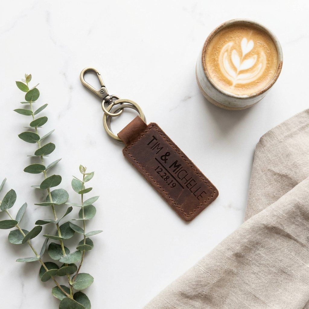 Personalized Leather Anniversary Keychain for Him & Her