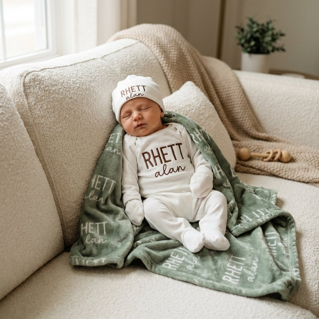 Personalized Baby Blanket and Embroidered Newborn Outfit Set