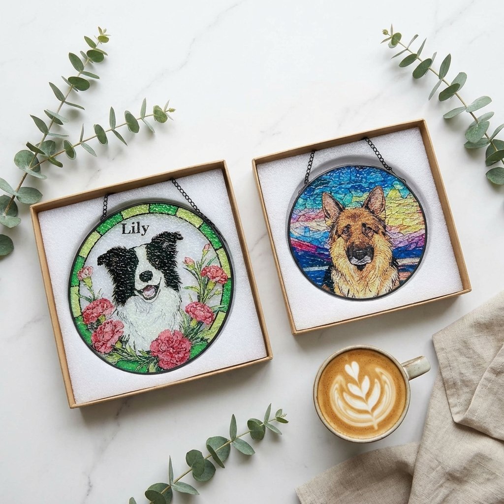 Custom Stained Glass Pet Portrait Suncatcher Memorial Gift