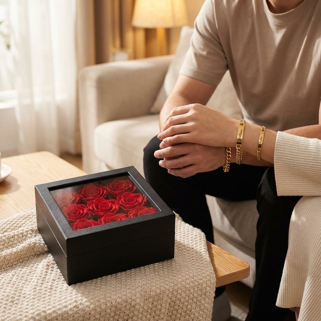 Personalized Engraved Couples Bracelet Set with Rose Box