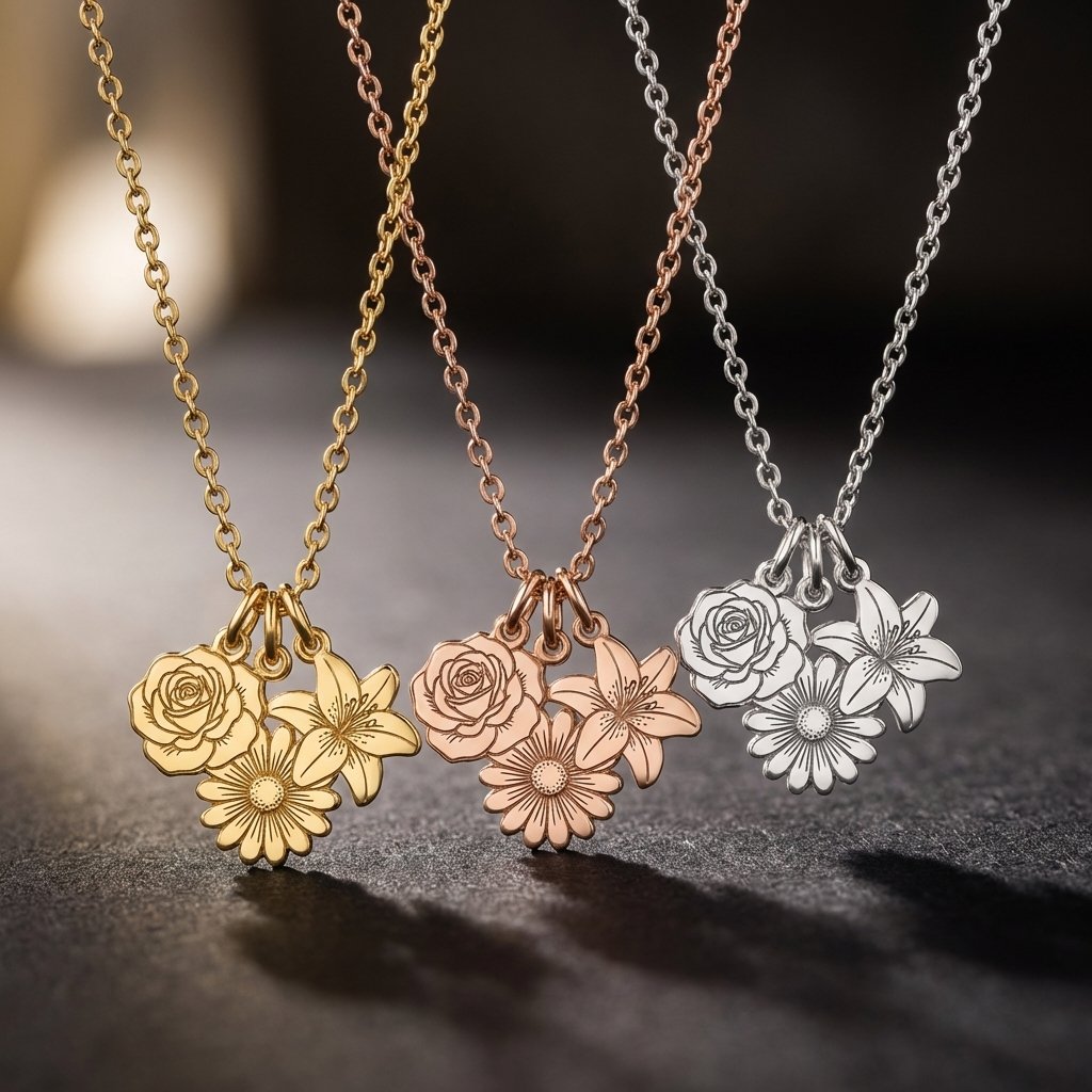 Personalized 14K Gold Birth Flower Bouquet Necklace