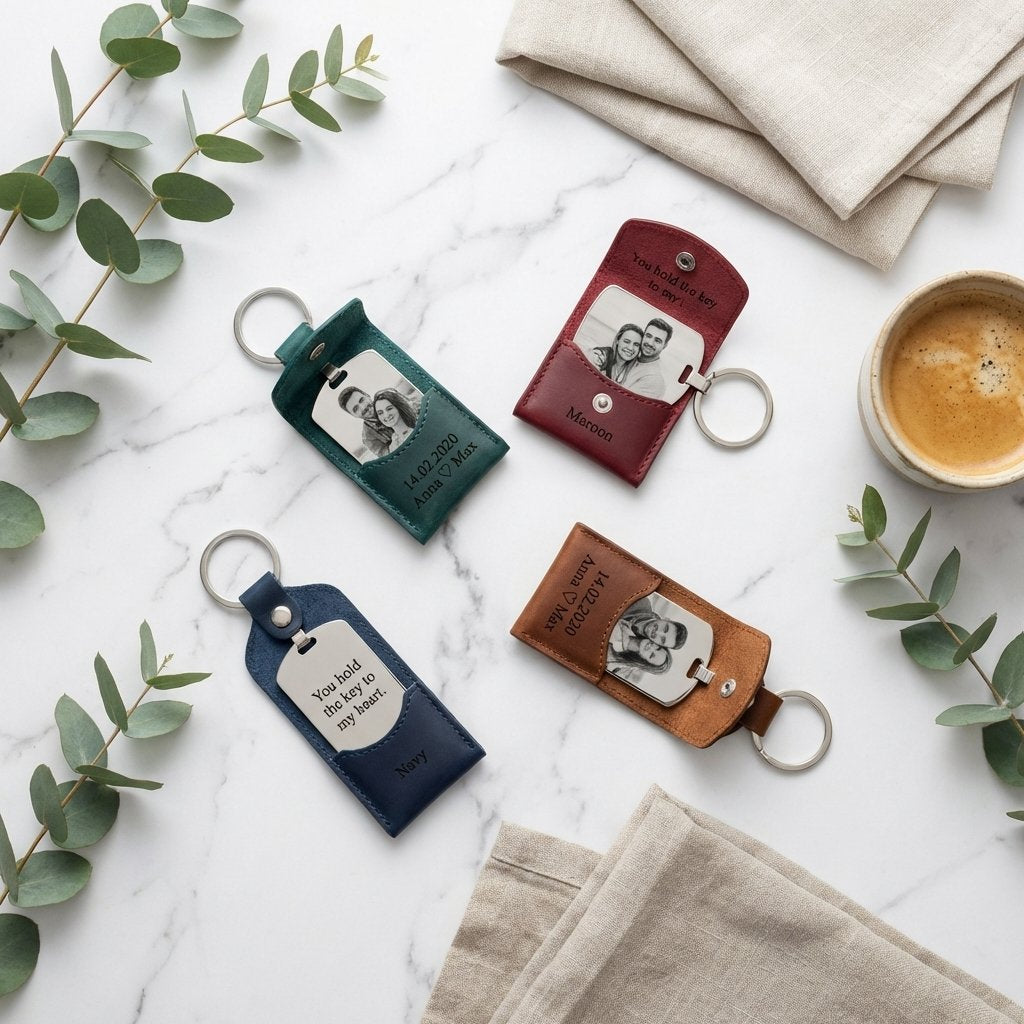 Personalized Leather Photo Keychain - Engraved Gift for Him