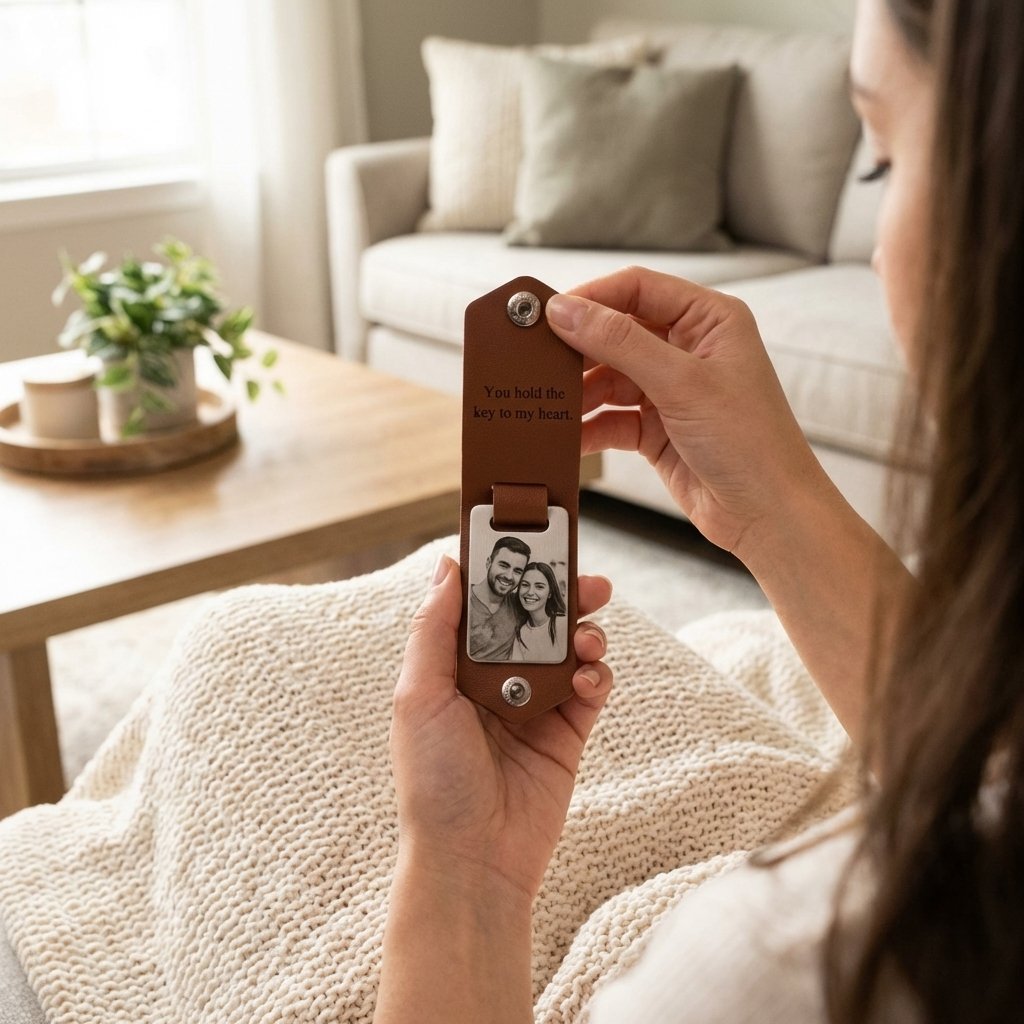 Personalized Leather Photo Keychain - Engraved Gift for Him