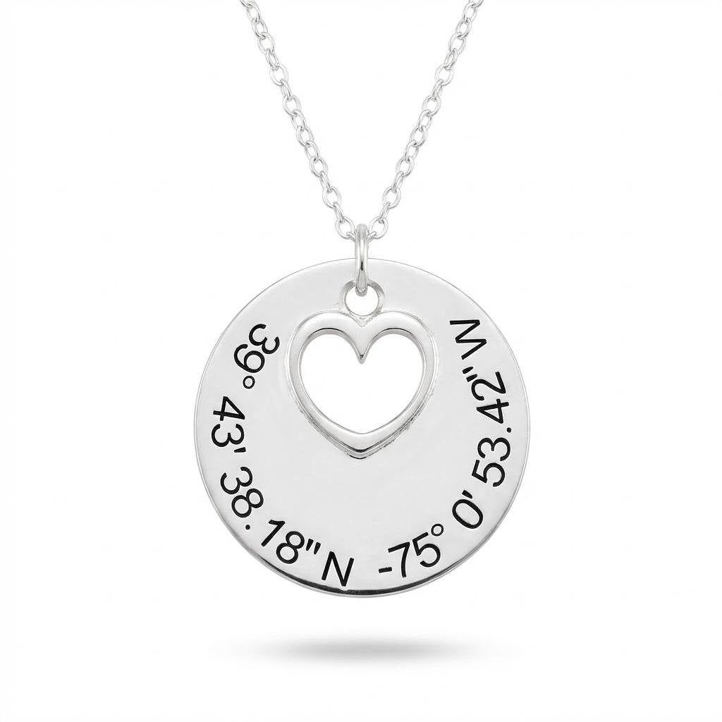 Custom GPS Coordinate Necklace with Heart Charm