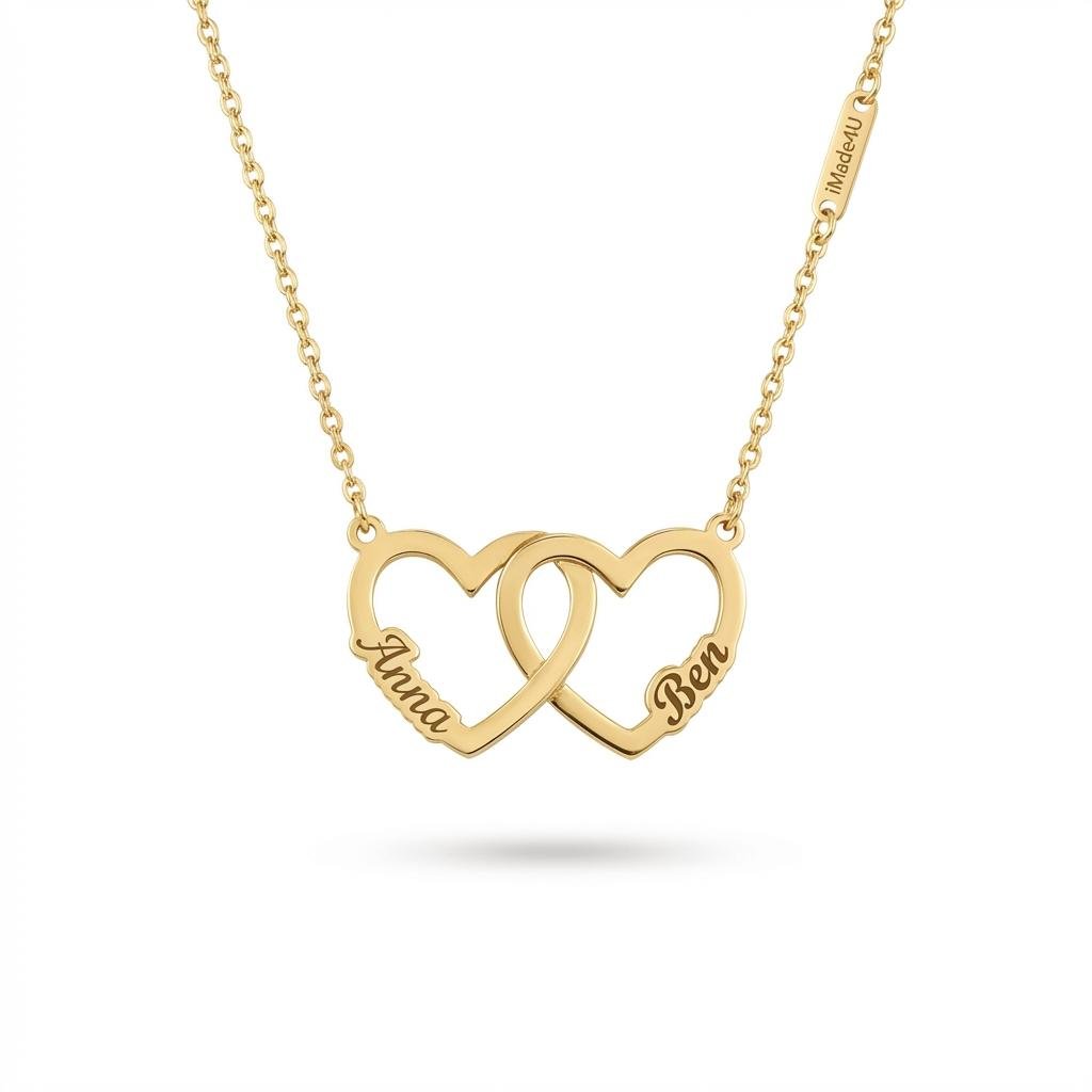 Personalized Double Heart Name Necklace - Custom Gold Jewelry