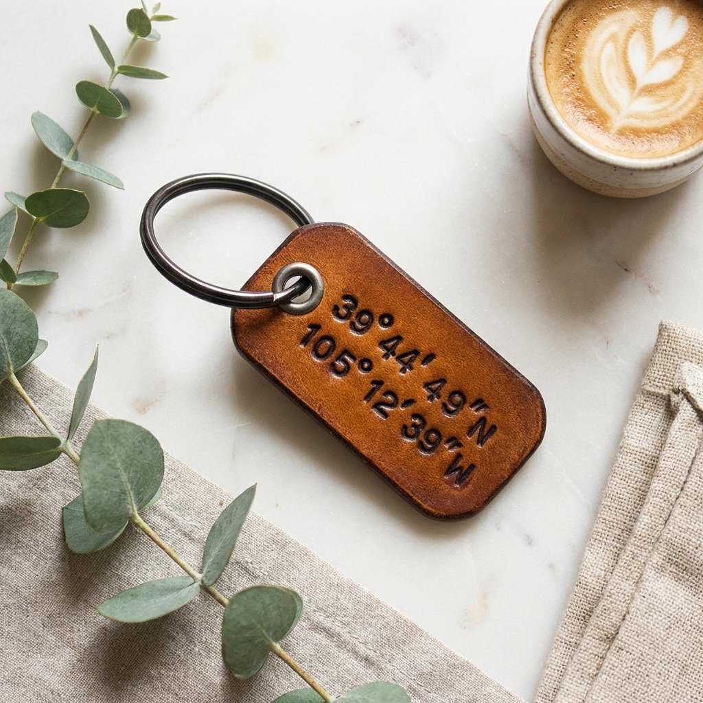 Personalized Leather Coordinate Keychain - Custom GPS Gift