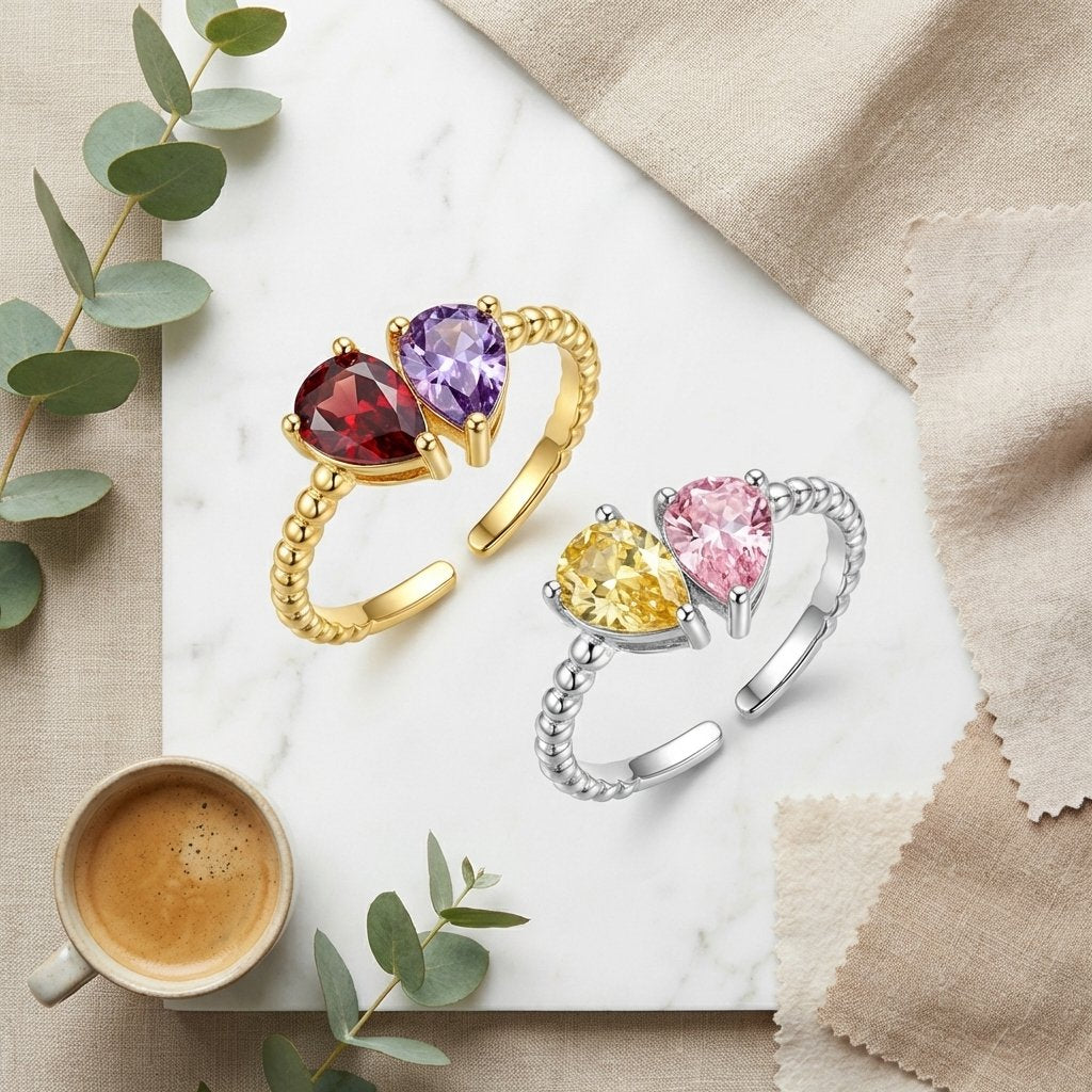 Mother Daughter Heart Birthstone Ring | Personalized Silver