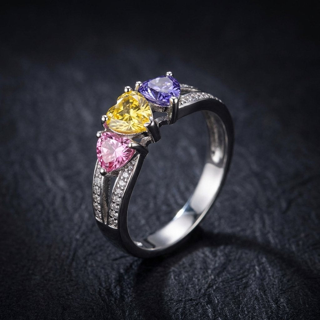 Personalized Mother Daughter Triple Heart Birthstone Ring