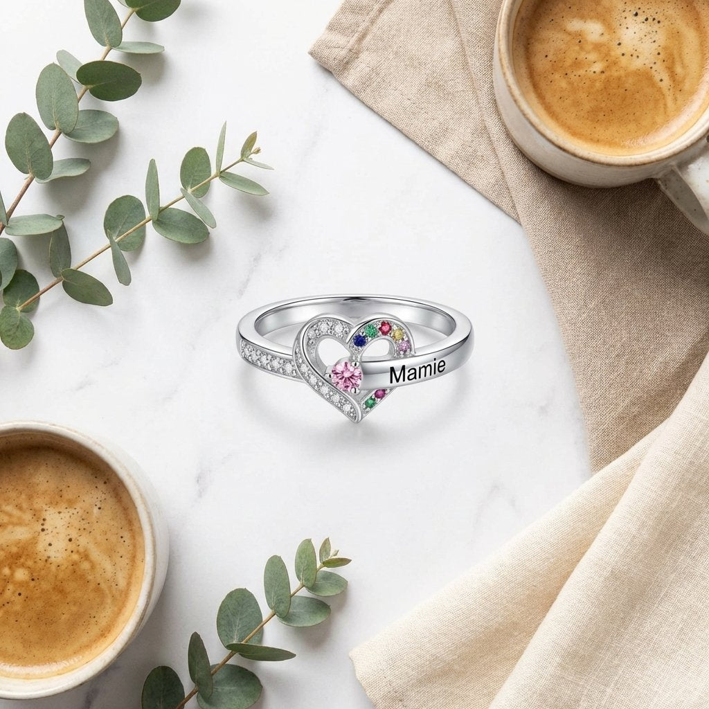 Personalized Mother's Birthstone Ring - Sterling Silver Heart
