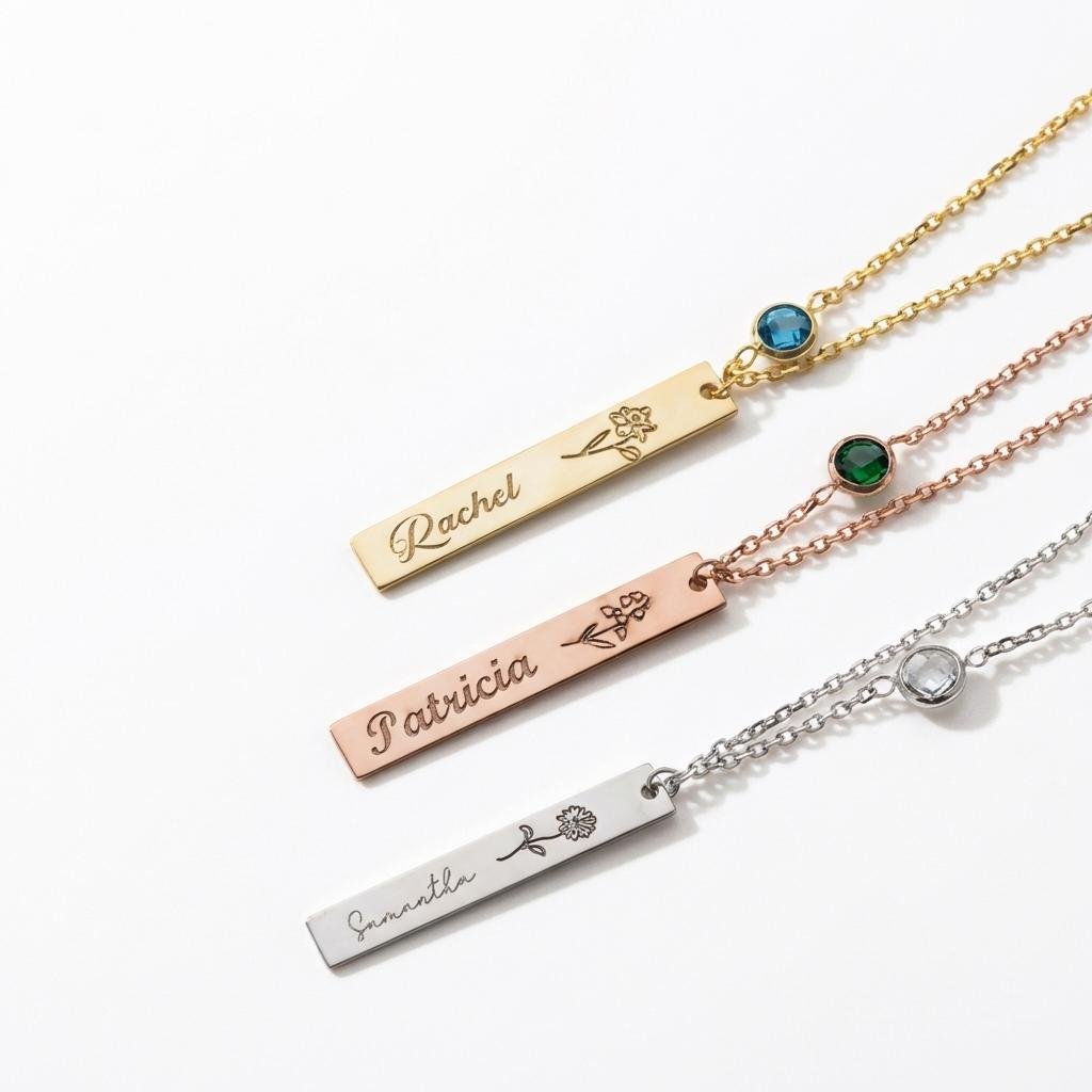 Personalized Birthstone & Birth Flower Name Necklace