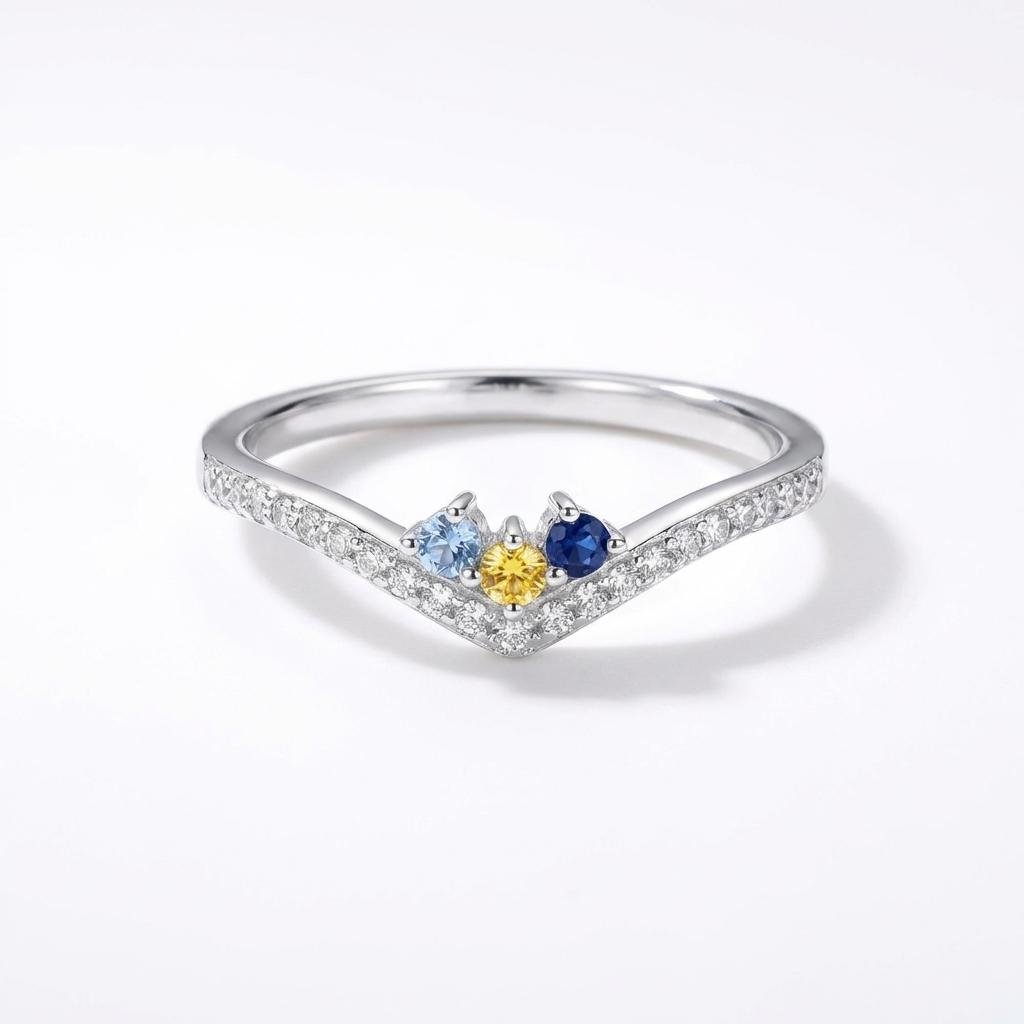 Personalized Birthstone Chevron Ring - Sterling Silver