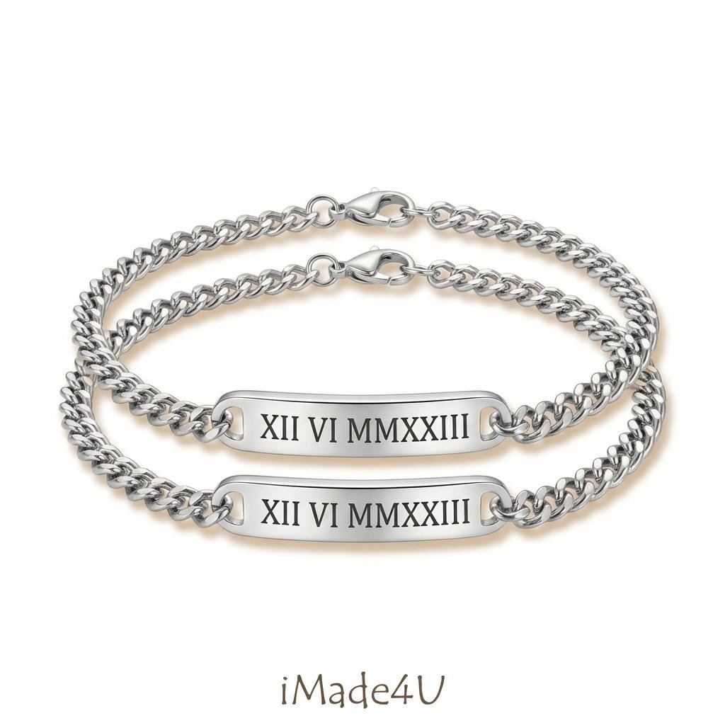 Personalized Roman Numeral Couples Bracelet Set