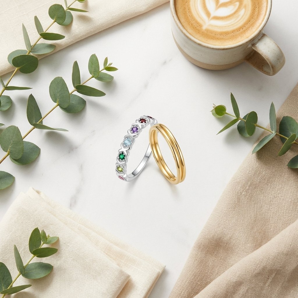 Personalized Birthstone XOXO Ring for Mom in Sterling Silver