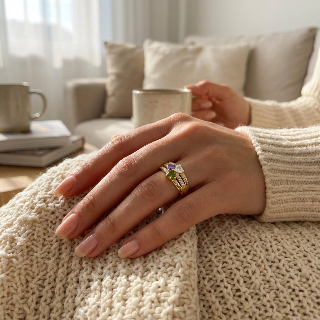 Personalized Heart Birthstone Name Ring for Mothers