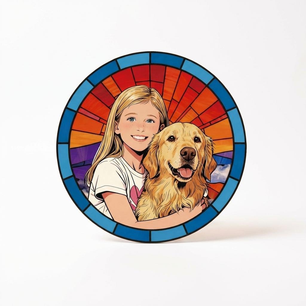 Custom Pet Portrait Stained Glass Suncatcher Birth Flower