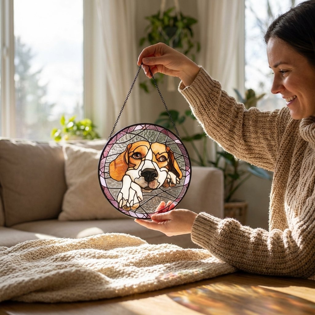 Custom Pet Portrait Stained Glass Suncatcher Memorial Gift