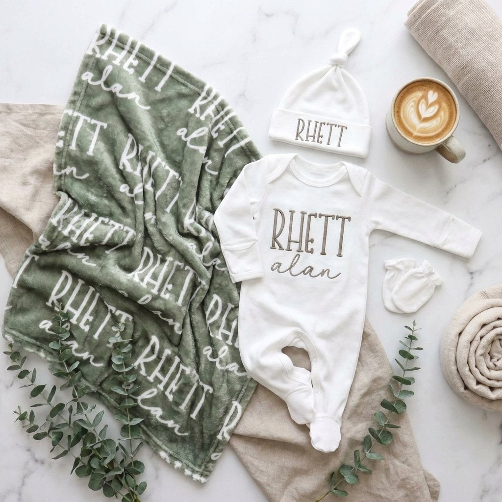 Personalized Baby Blanket and Embroidered Newborn Outfit Set