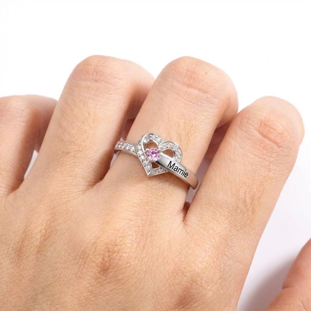 Personalized Mother's Birthstone Ring - Sterling Silver Heart
