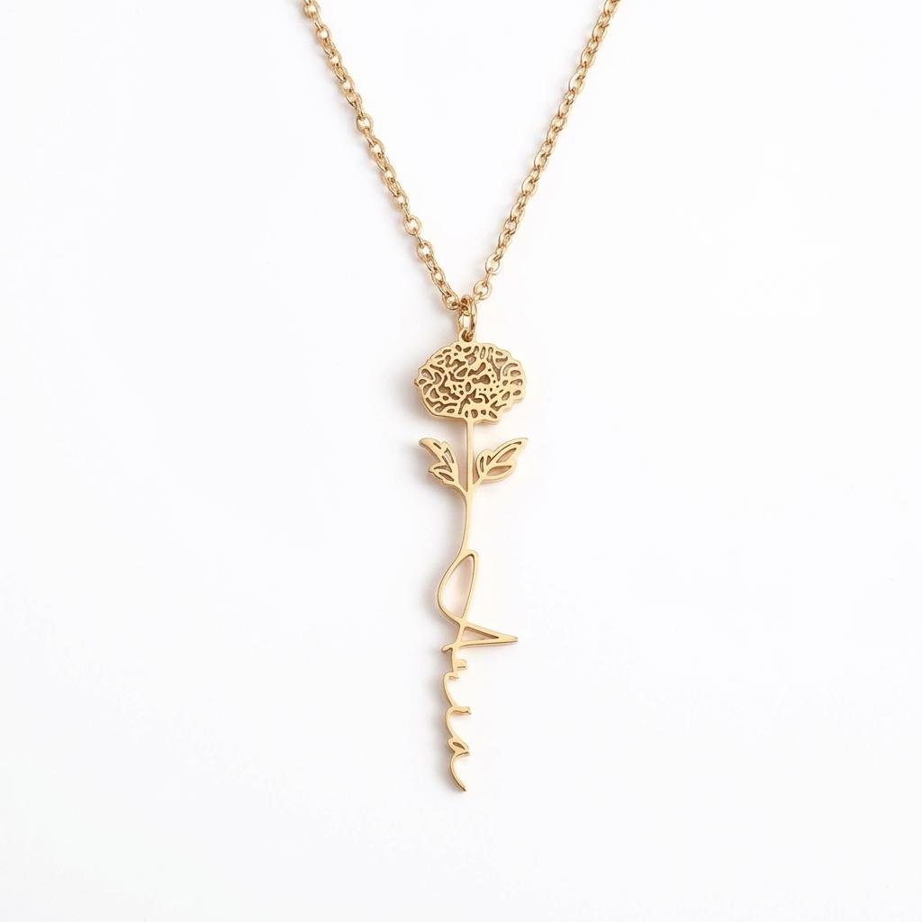 Custom Birth Flower Name Necklace - Personalized Gold Jewelry