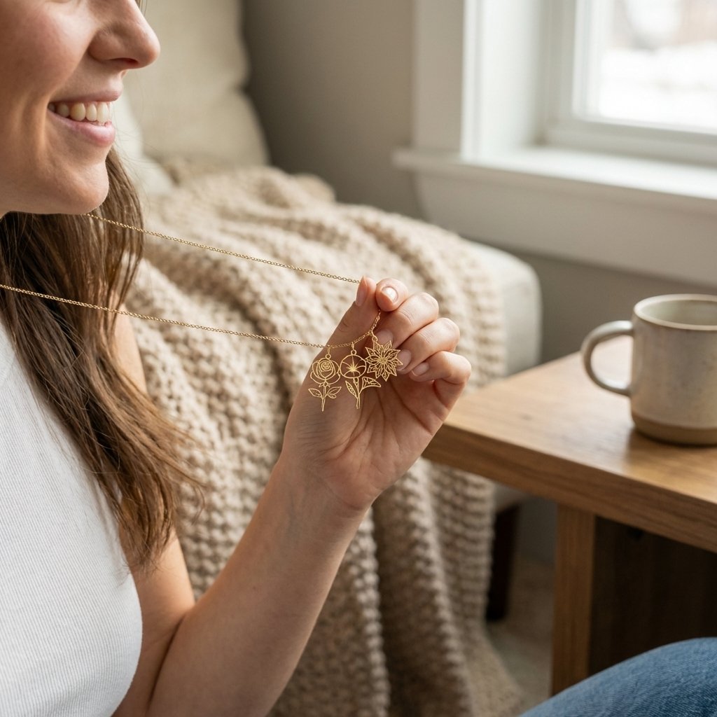 Personalized 14K Gold Birth Flower Bouquet Necklace