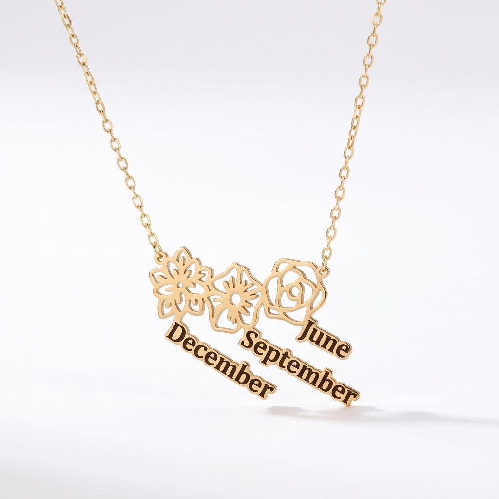 Personalized 14K Gold Birth Flower Bouquet Necklace