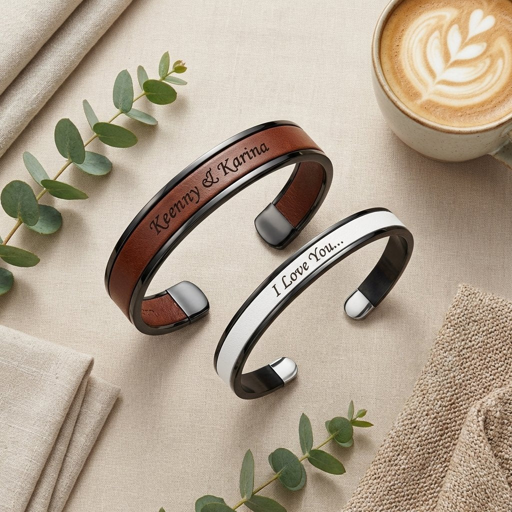 Personalized Matching Steel & Leather Anniversary Bracelets