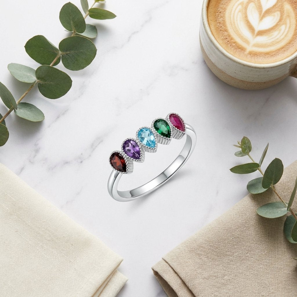 Personalized Birthstone Ring - 925 Silver Family Ring for Mom