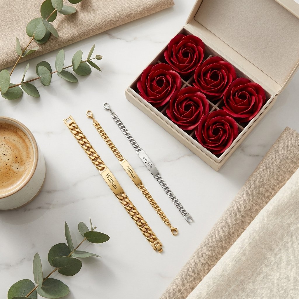 Personalized Engraved Couples Bracelet Set with Rose Box