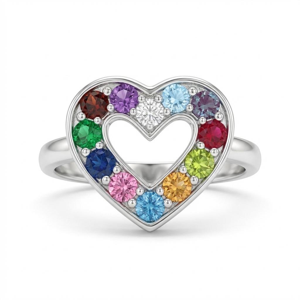 Personalized Heart Birthstone Name Ring for Mothers