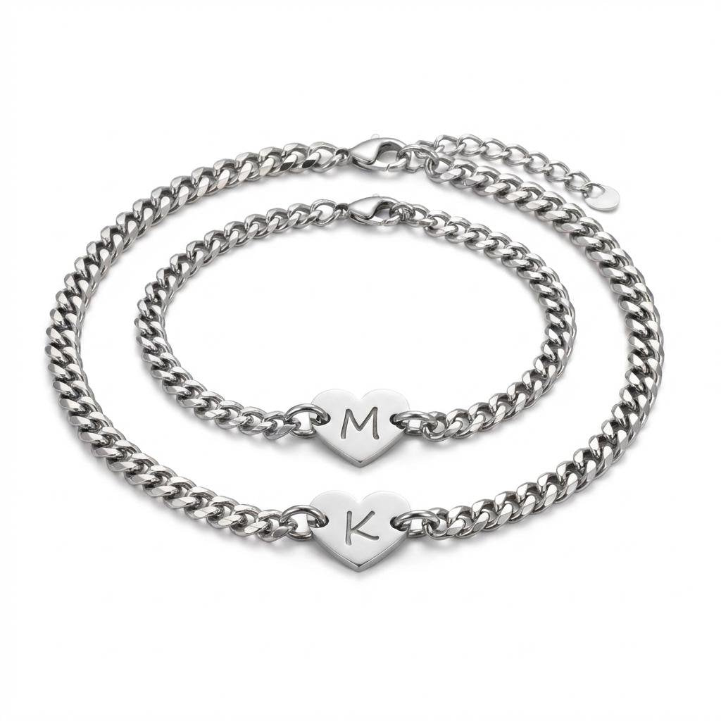 Personalized Initial Heart Matching Couple Bracelets Set