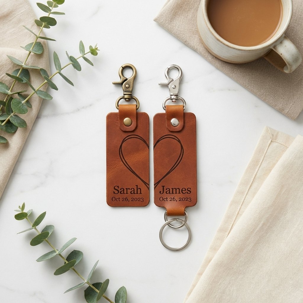 Personalized Leather Couples Keychain Set - 3rd Anniversary