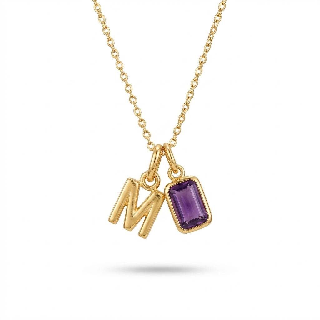 Custom Birthstone & Initial Necklace - 14k Gold Vermeil