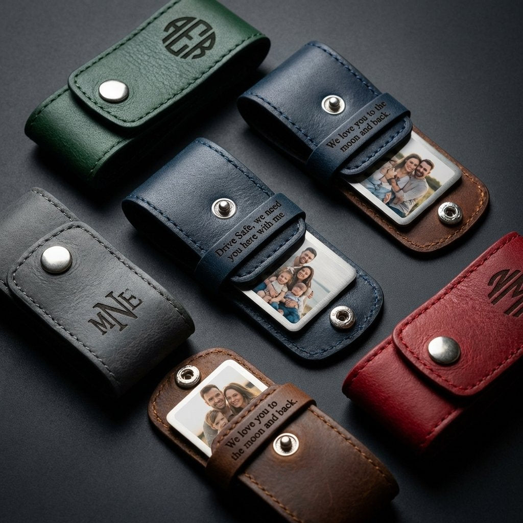 Personalized Leather Photo Keychain Anniversary Gift for Him