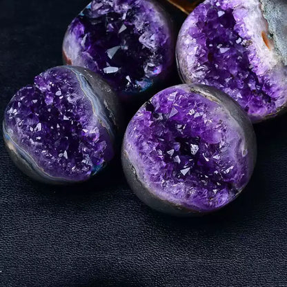 Amethyst Crystal Geode Spheres Black Leather