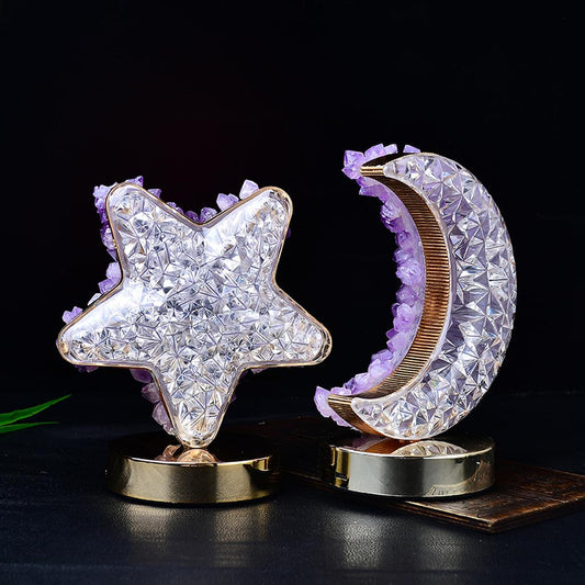 Amethyst Crystal Star and Moon Lamp Decor