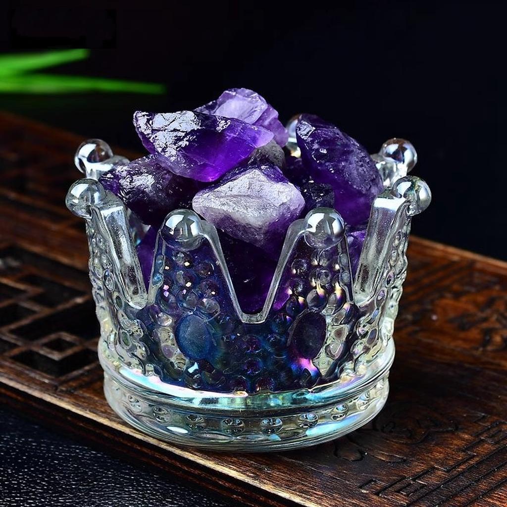 Amethyst Crystals in Crown Shaped Glass Bowl